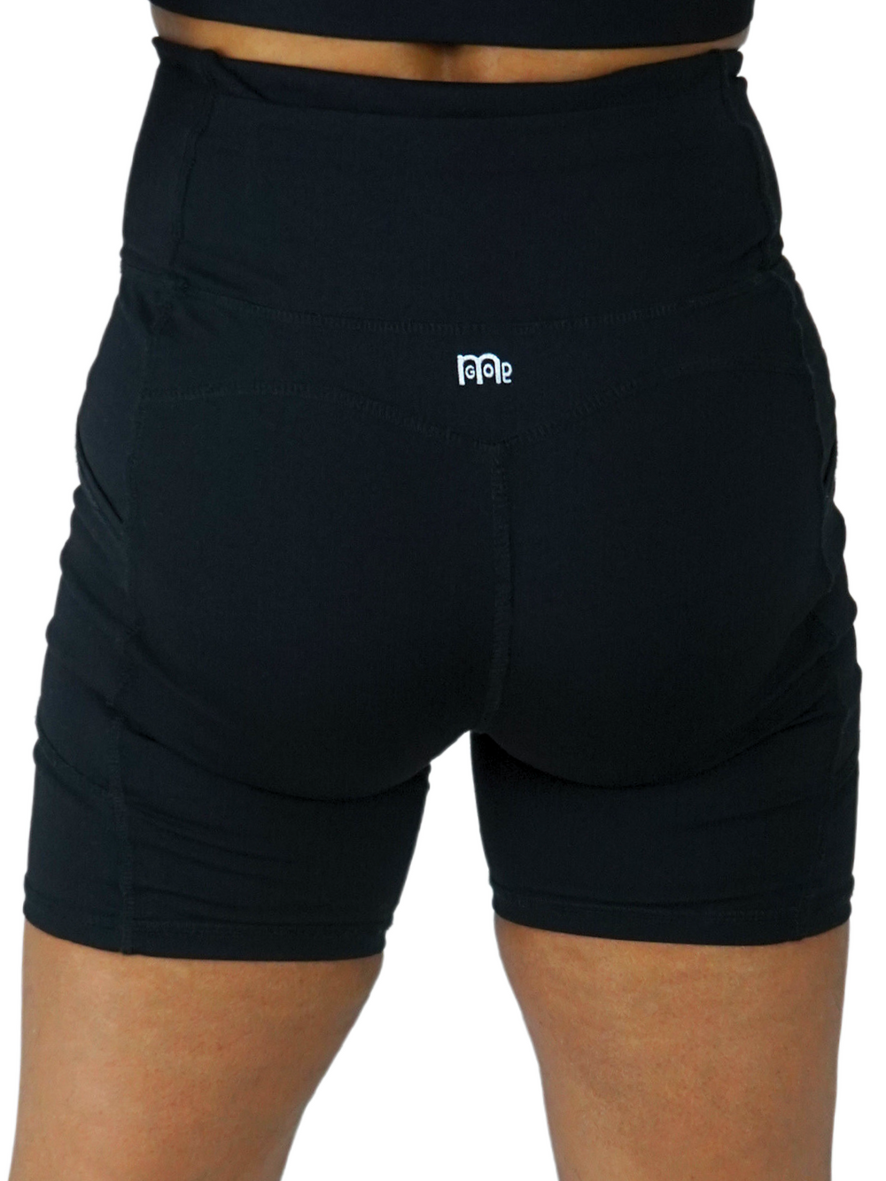 High waist ab support, Bermuda length, Biker shorts, Black color with GODinme logo at lower back