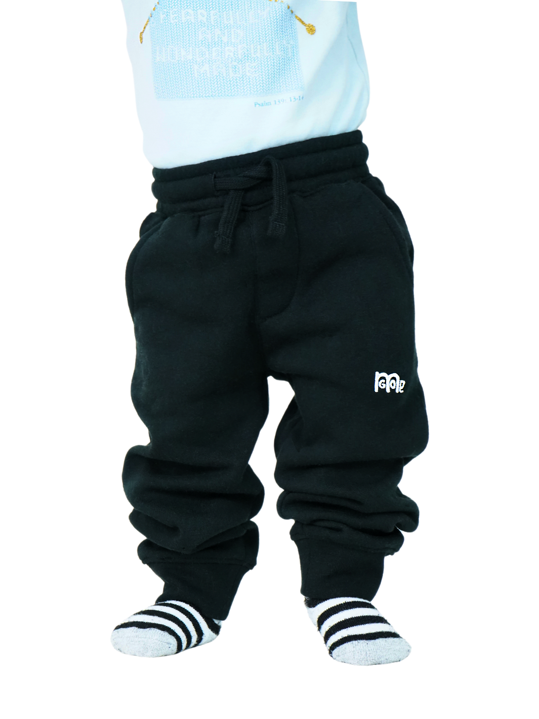 Toddler size Black  jogger Sweatpants with elastic waistband, sewn fly detail, jersey-lined front pockets, stylish back pocket, and White GODinme logo.