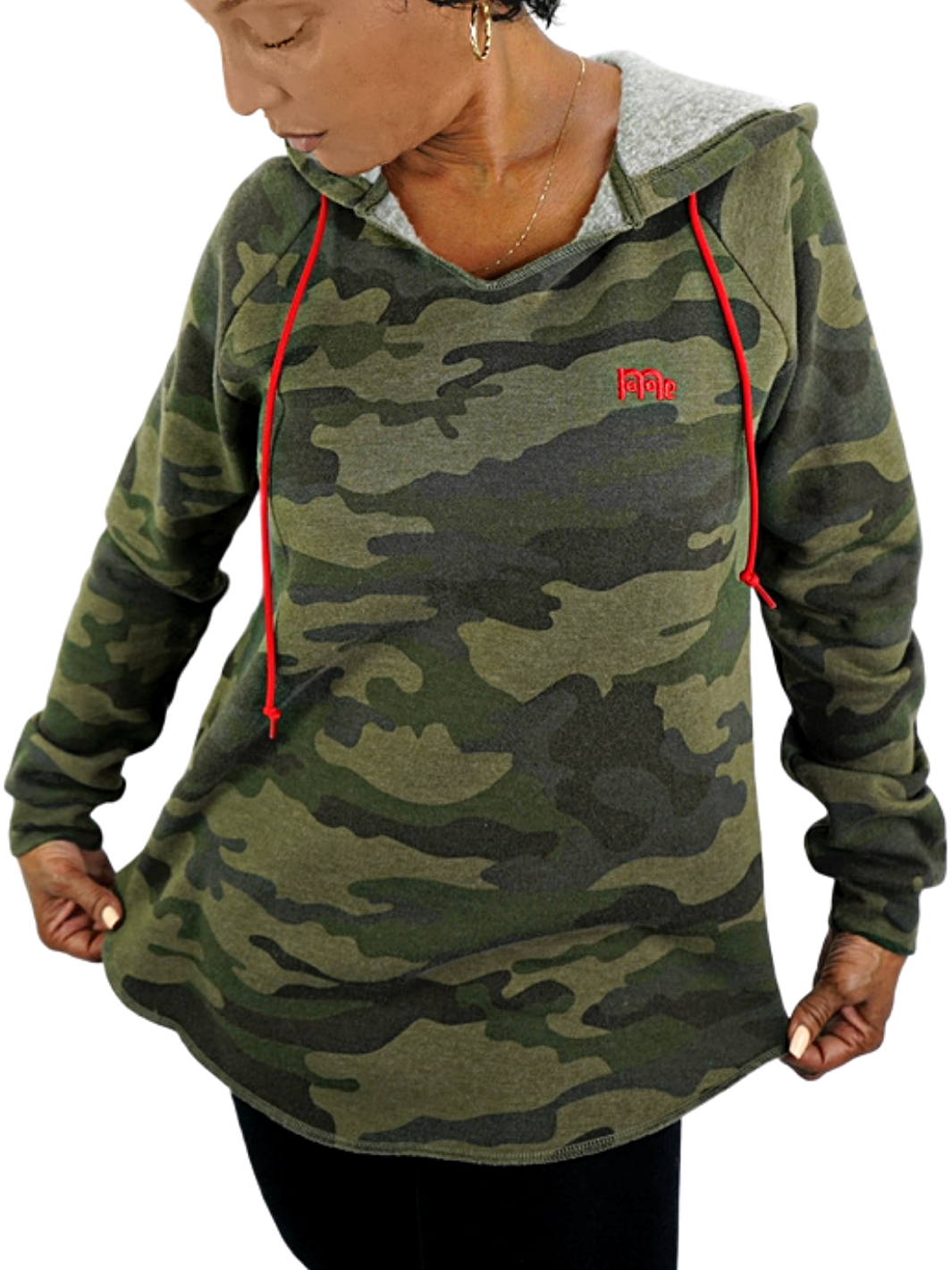 Women's Green Camouflage Tunic Top, can also be worn as a dress, offers a stylish cut design and superior comfort while representing GOD in you with Red logo at left chest and Roamns 12 : 21 on hood. Order Yours Today!