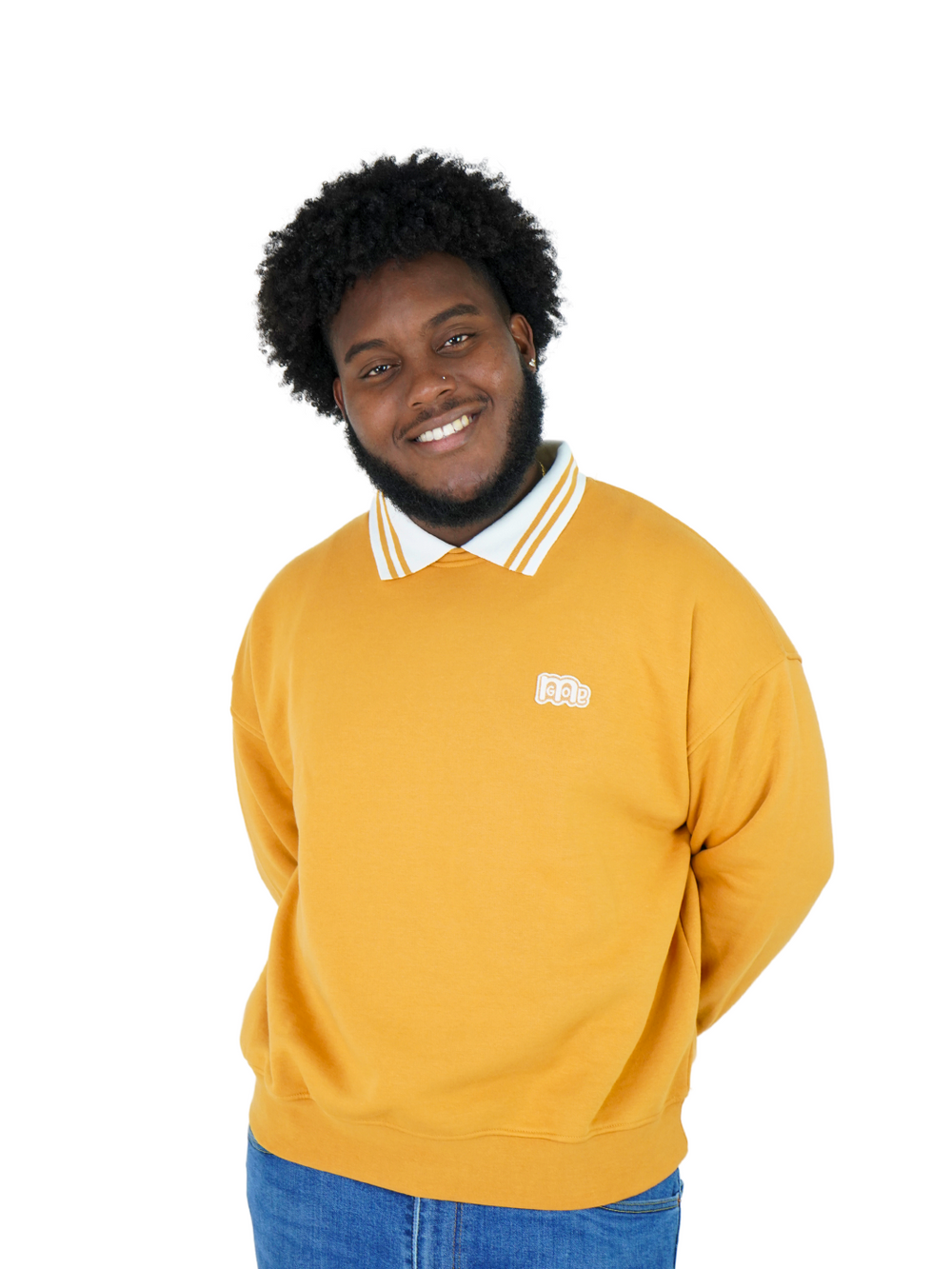 Incredibly comfortable and stylish Oversized Collared Crewneck in Gold with the attached collar. The GODinme patches on front and back represent your Faith boldly.