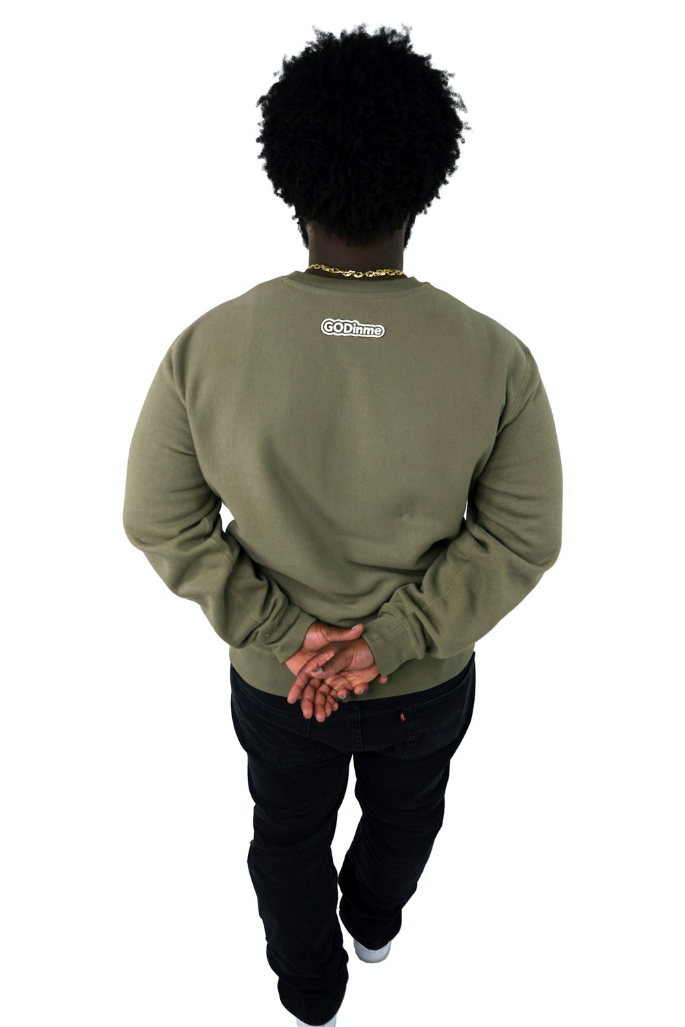 Luxury Olive Green Crewneck with premium cross grain design to ensure long-lasting comfort and wear. Featuring logo at left front and GODinme on the back.