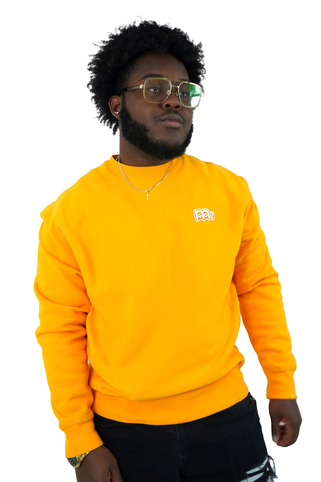 Luxury Gold Crewneck with premium cross grain design to ensure long-lasting comfort and wear. Featuring logo at left front and GODinme on the back.