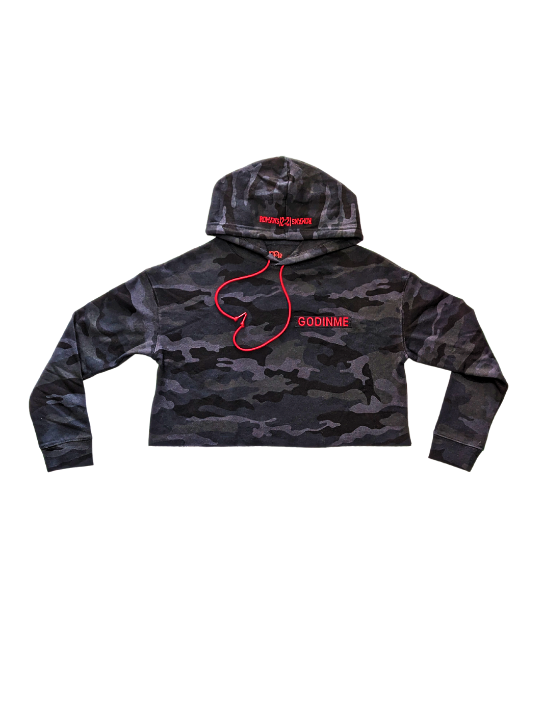 Black Camouflage crop top hoodie, Exclusive Collection, Red GODinme nameplate, Romans 12 ; 21 on hood