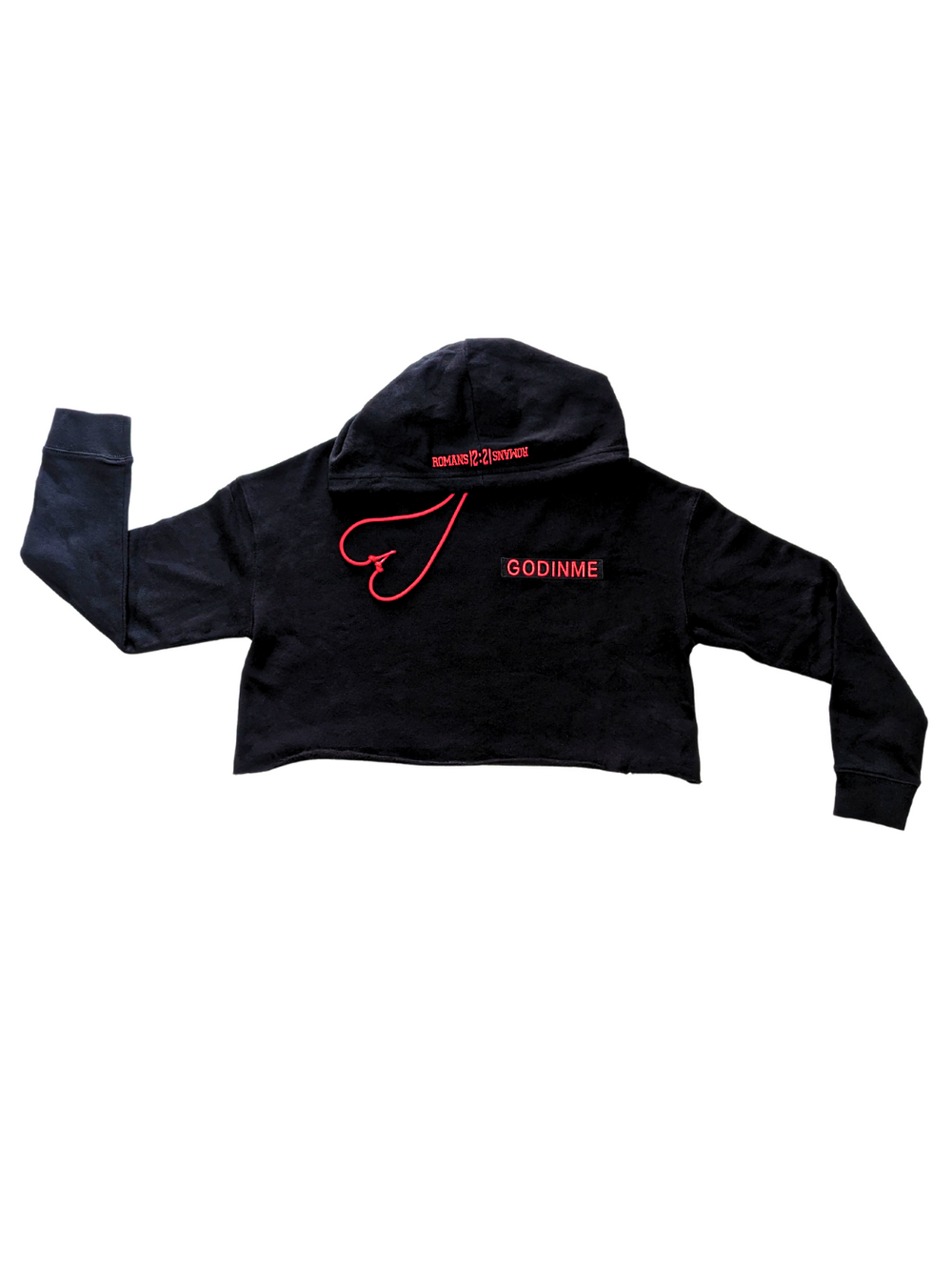 Black crop top hoodie, Exclusive Collection, Red GODinme nameplate, Romans 12 : 21 on hood  