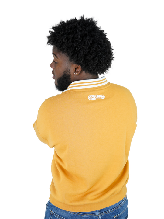 Incredibly comfortable and stylish Oversized Collared Crewneck in Gold with the attached collar. The GODinme patches on front and back represent your Faith boldly.