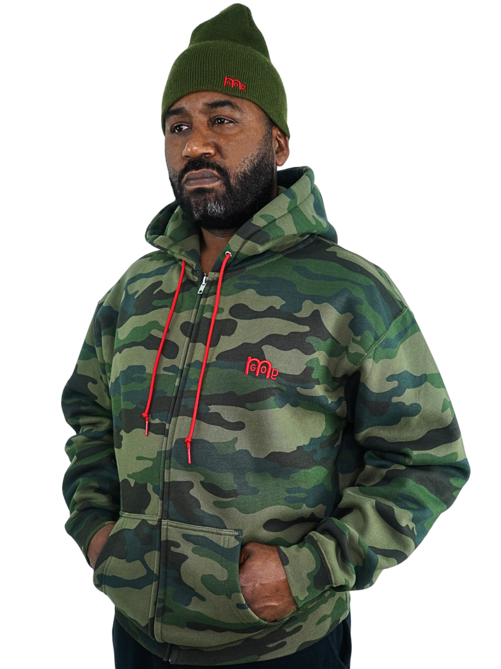 Green Camouflage Full Zip Hoodie with Red drawcord, embroidered GODinme logo at left chest and ROMANS 12 : 21 on hood. Both embroideries are in Red.