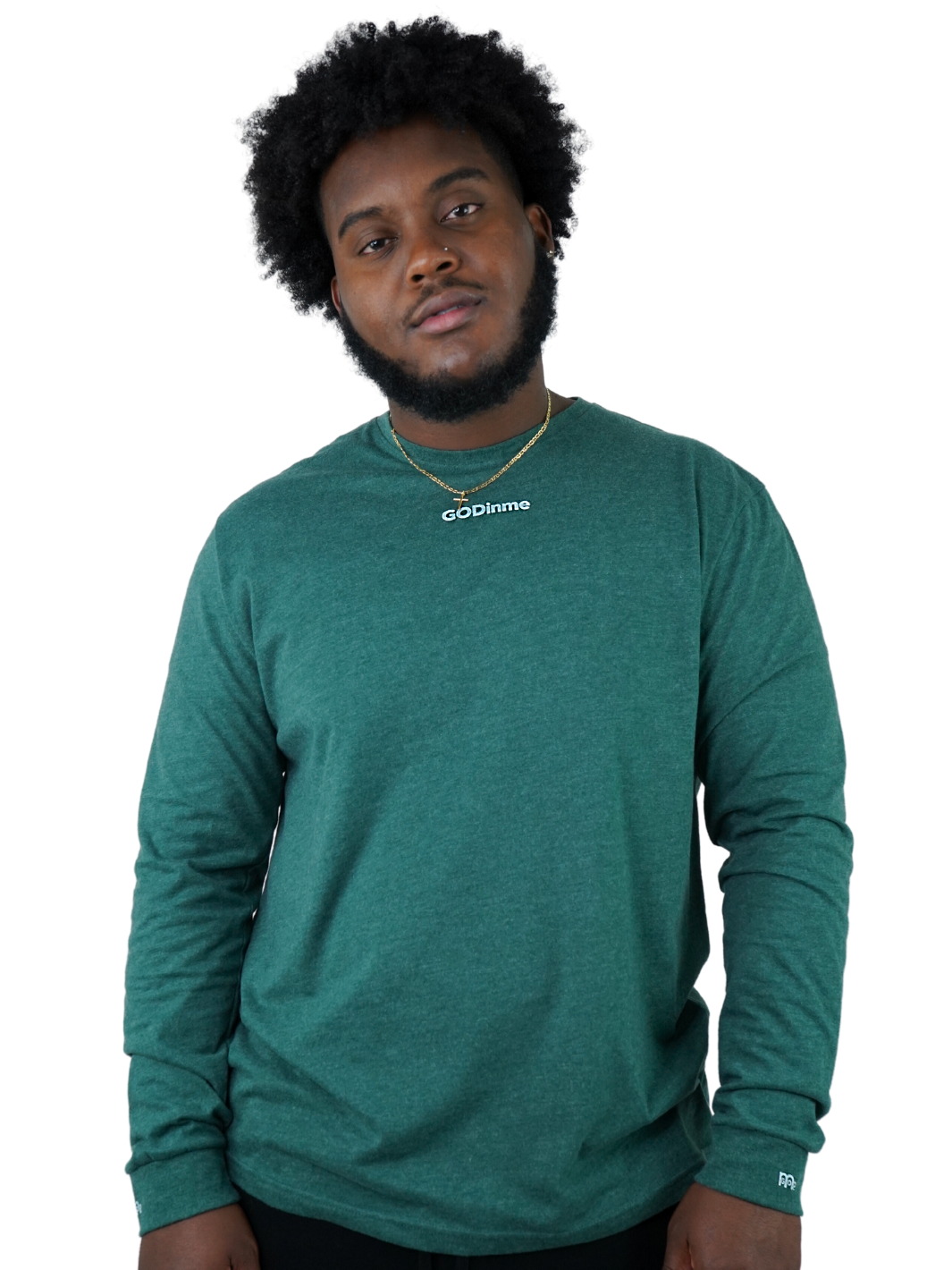 Made to feel like sueded peach fuzz, this Green long sleeve shirt offers unbeatable comfort. The GODinme printed on front chest and the logo on sleeve cuffs and upper back represent boldness and style.