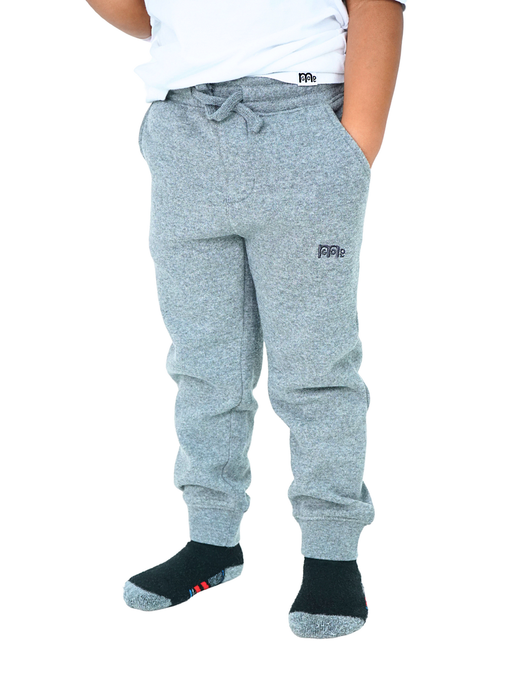Toddler size Light Grey jogger Sweatpants with elastic waistband, sewn fly detail, jersey-lined front pockets, stylish back pocket, and Dark Grey GODinme logo.