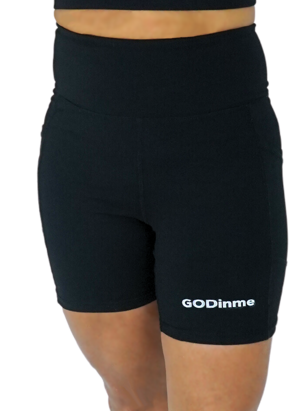 High waist ab support, Bermuda length, Biker shorts, Black color with GODinme brand name printed on left leg