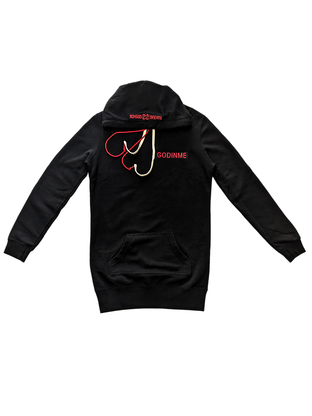 Black Hoodie dress exclusive collection with Red GODinme nameplate and Romans 12 :21 on Hood.