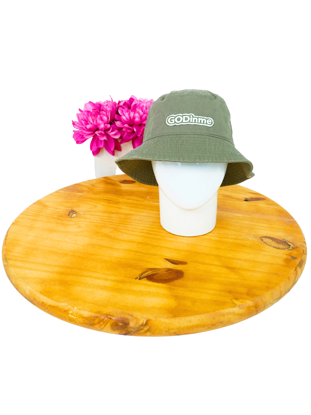 Represent your timeless style with this Olive Green GODinme Bucket Hat featuring GODinme brand name and logo embroidered in White.