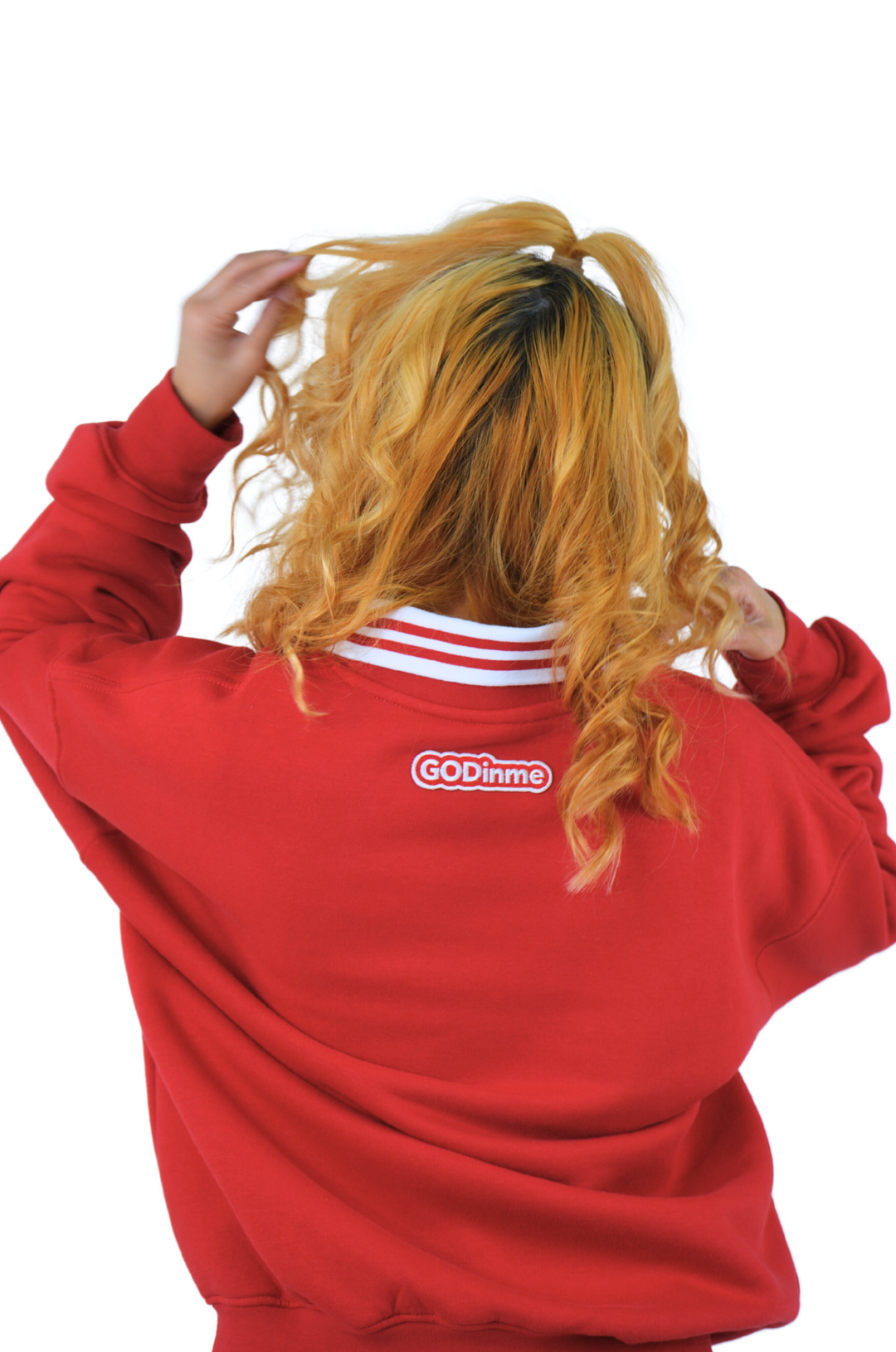 Incredibly comfortable and stylish Oversized Collared Crewneck in Red with the attached collar. The GODinme patches on front and back represent your Faith boldly.
