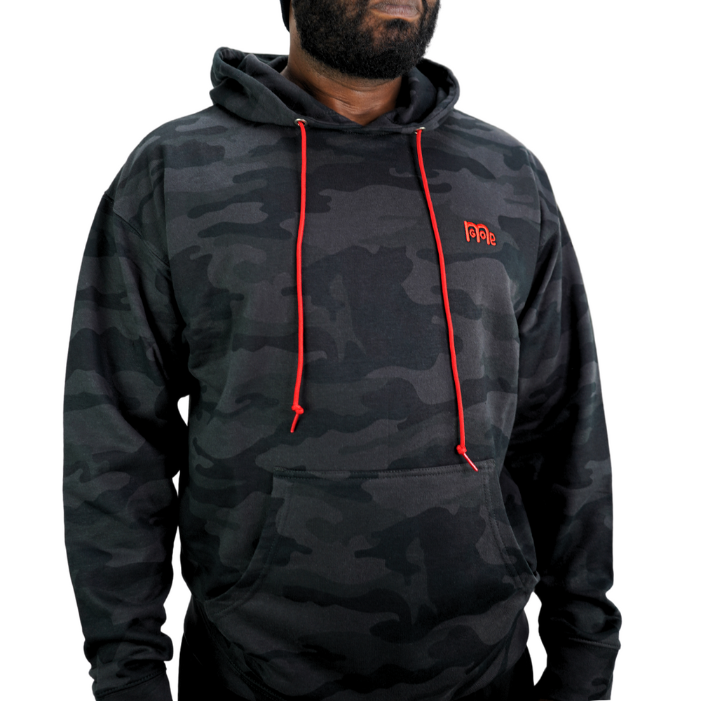 Black Camouflage Pullover Hoodie with Red drawcord, embroidered GODinme logo at left chest and ROMANS 12 : 21 on hood. Both embroideries are in Red. 