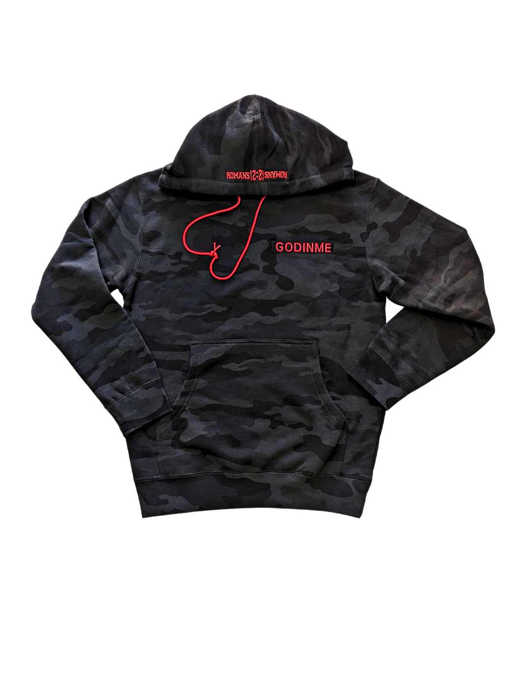 Black pullover hoodie, Exclusive Collection, Red GODinme nameplate, Romans 12 : 21 on hood