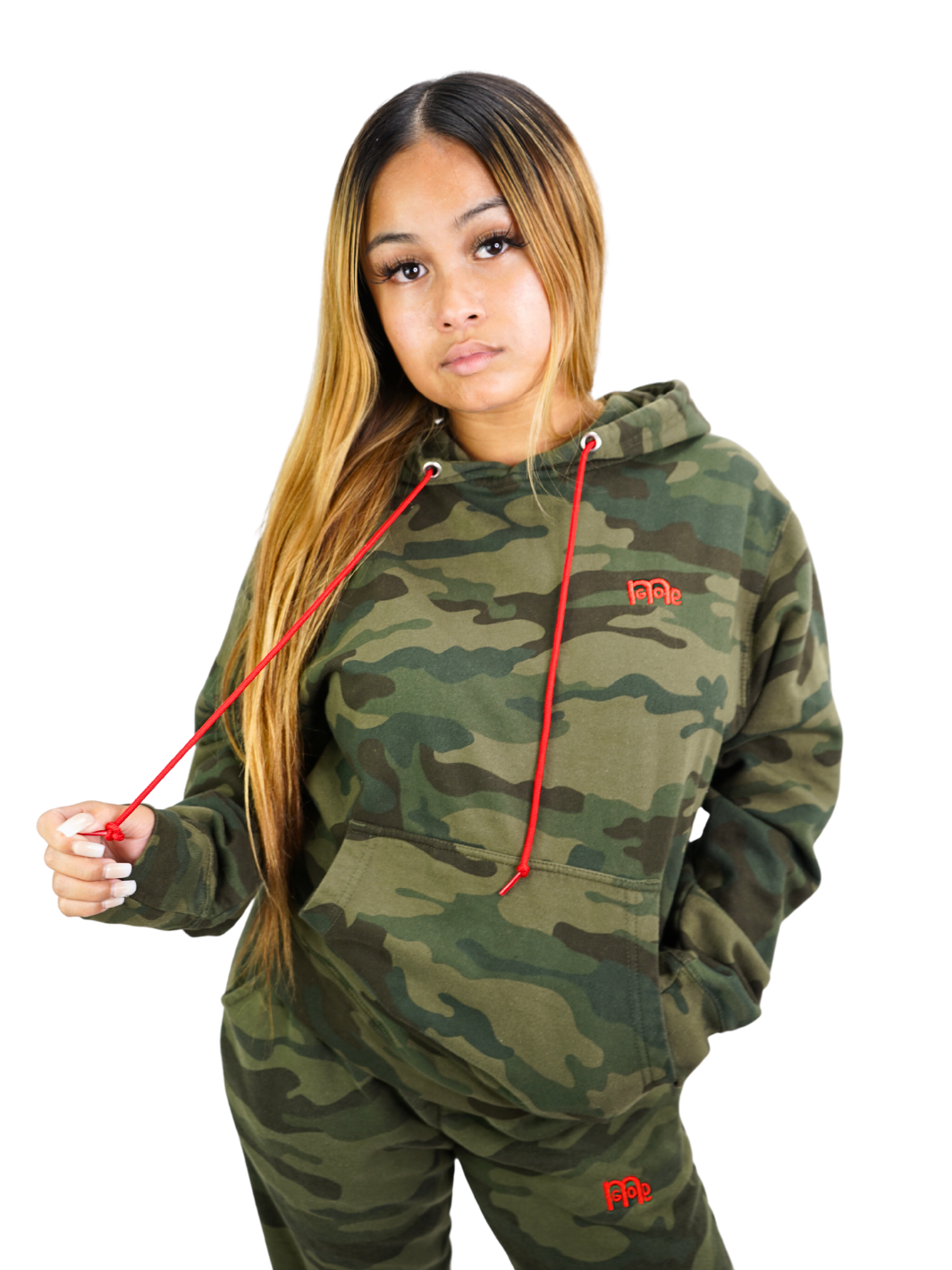 Green Camouflage Pullover Hoodie with Red drawcord, embroidered GODinme logo at left chest and ROMANS 12 : 21 on hood. Both embroideries are in Red.