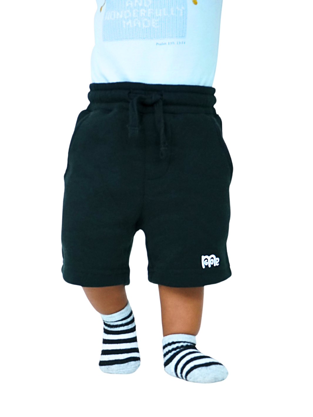 Toddler size Black Shorts with elastic waistband, sewn fly detail, jersey-lined front pockets, stylish back pocket, and White GODinme logo.