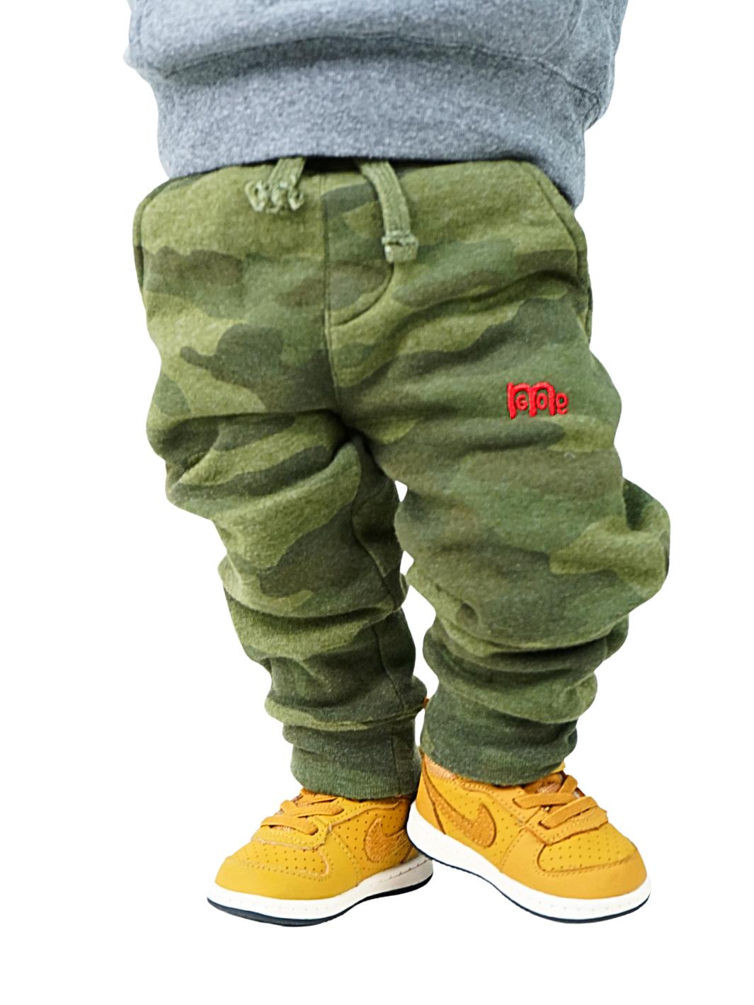 Toddler size Camouflage jogger Sweatpants with elastic waistband, sewn fly detail, jersey-lined front pockets, stylish back pocket, and Red GODinme logo.
