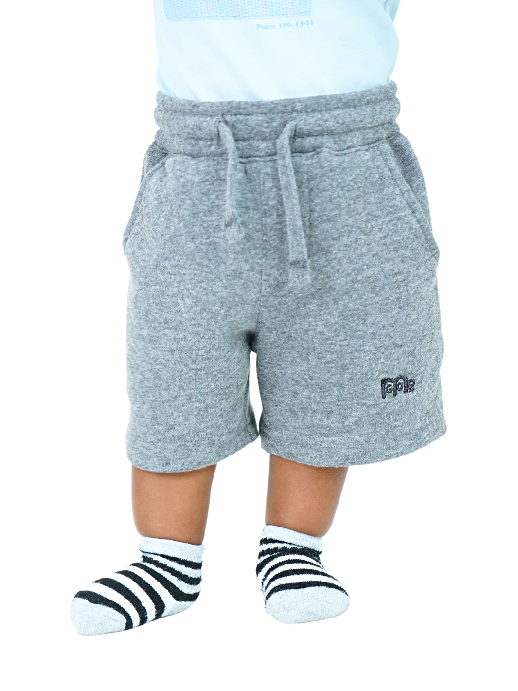 Toddler size Grey Shorts with elastic waistband, sewn fly detail, jersey-lined front pockets, stylish back pocket, and Dark Grey GODinme logo.