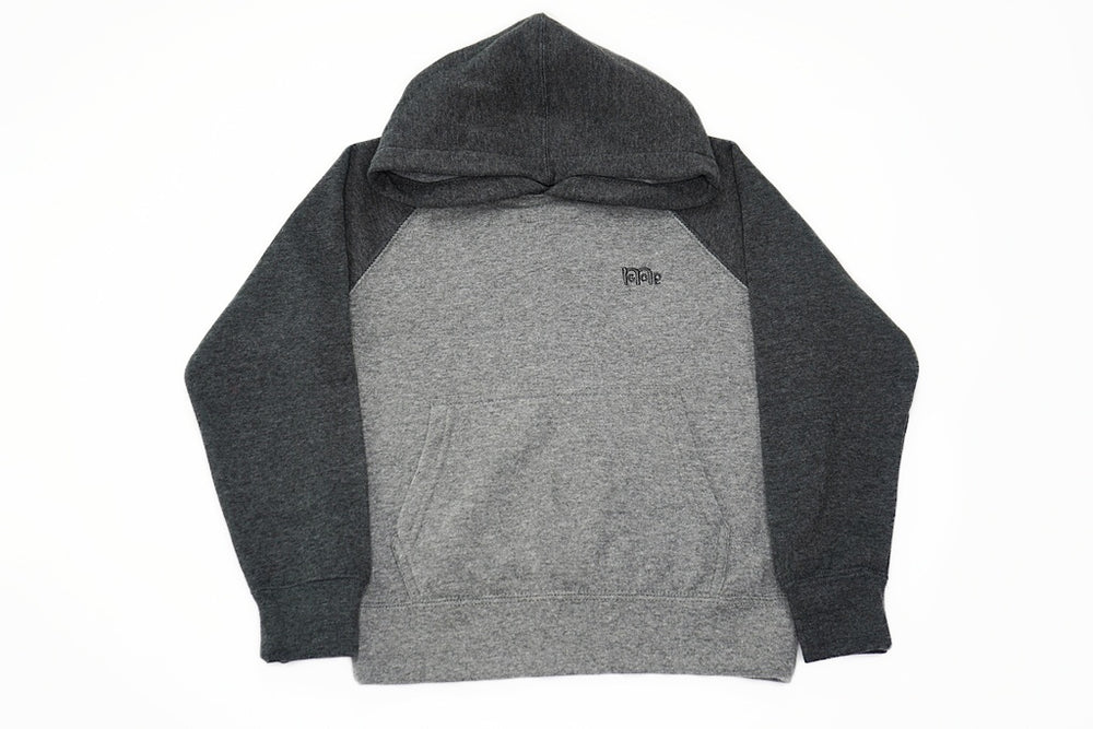 Youth Hoodie light Grey body with Dark Grey hood and sleeves and dark Grey logo at left chest. Sizes 6 to 16