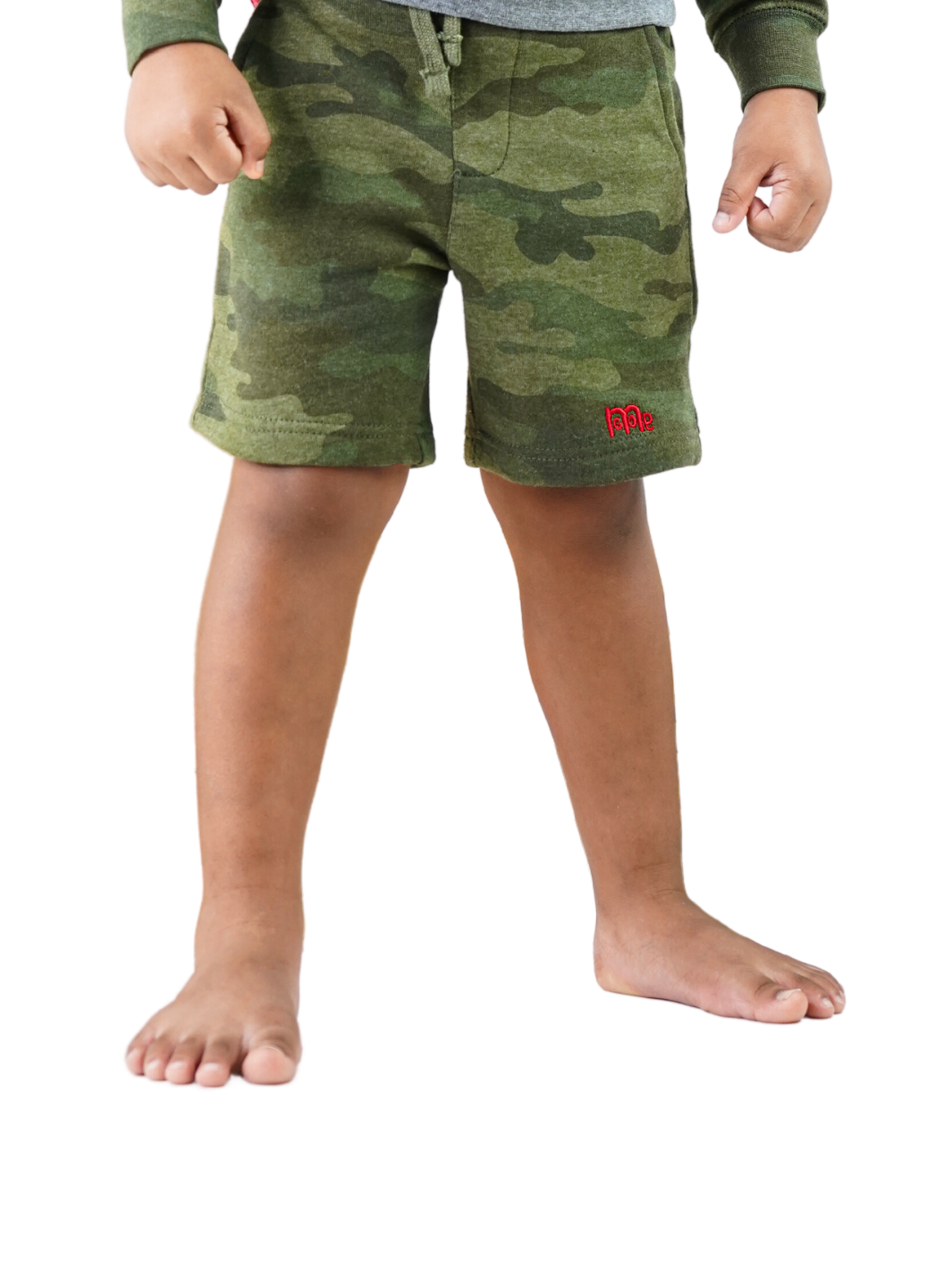 Toddler size Green Camouflage Shorts with elastic waistband, sewn fly detail, jersey-lined front pockets, stylish back pocket, and Red GODinme logo.