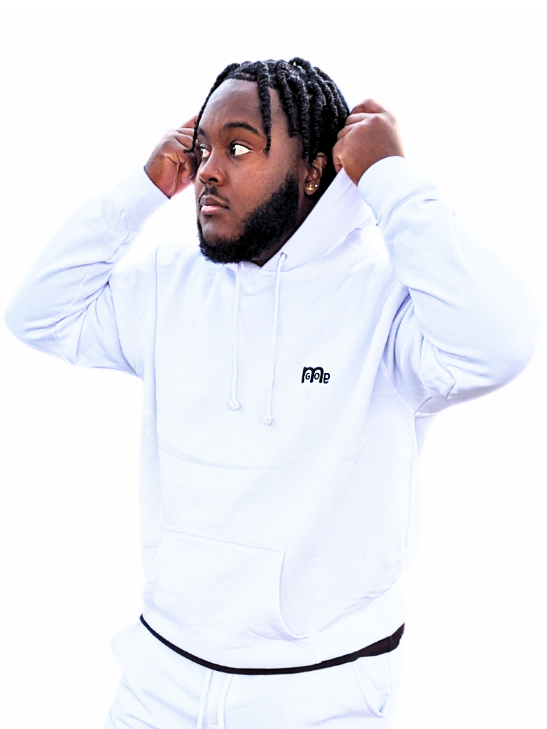 White Pullover Hoodie with Black embroidered GODinme logo at left chest.