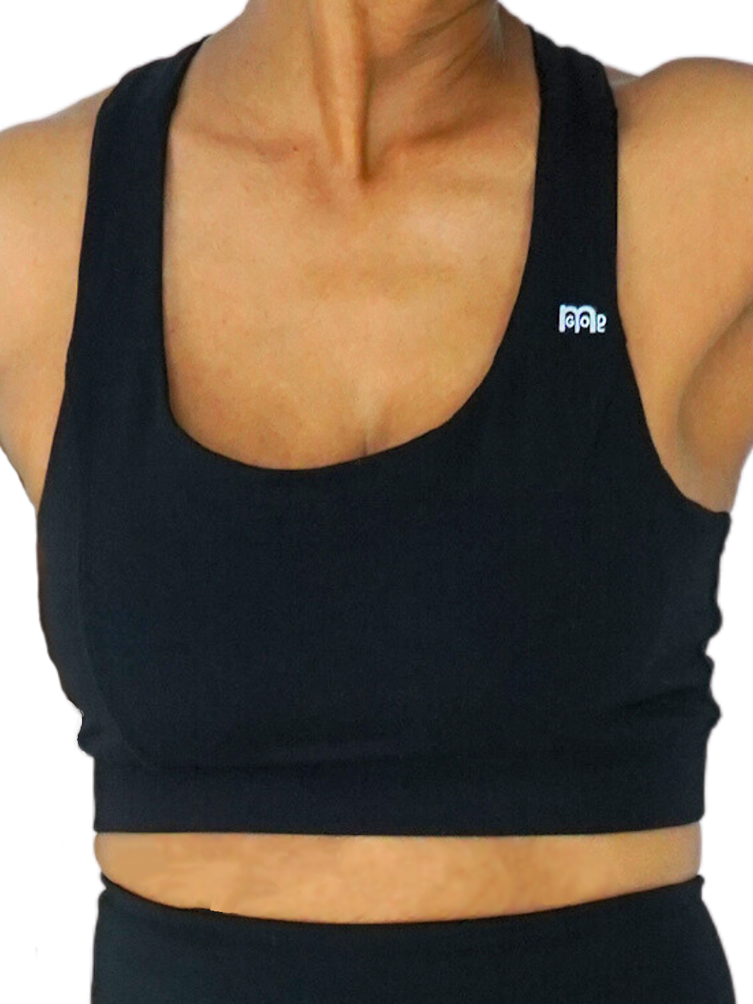 Black sports/workout bra with classic front straps and logo printed on left; Y-Back racer design for maximum support (Godinme printed in center); removable pads, moisture-wicking fabric for added comfort,  and four-way stretch allowing for full range of motion. 