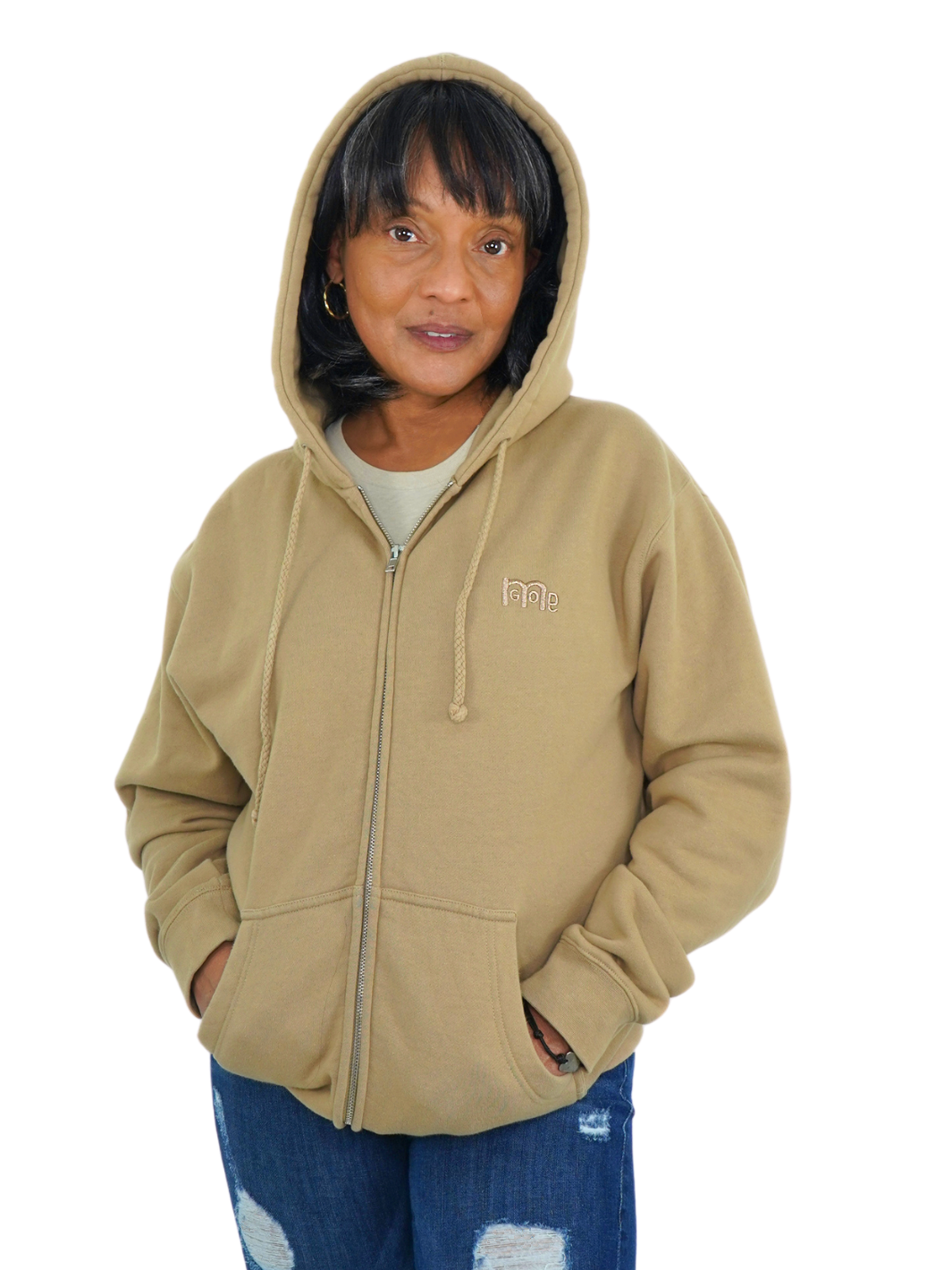 Sandstone color Full Zip Hoodie with tone on tone embroidered GODinme logo at left chest