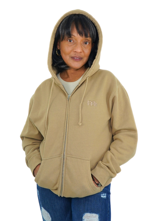 Sandstone color Full Zip Hoodie with tone on tone embroidered GODinme logo at left chest