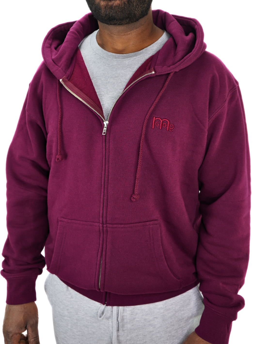 Maroon Full Zip Hoodie with tone on tone embroidered GODinme logo at left chest