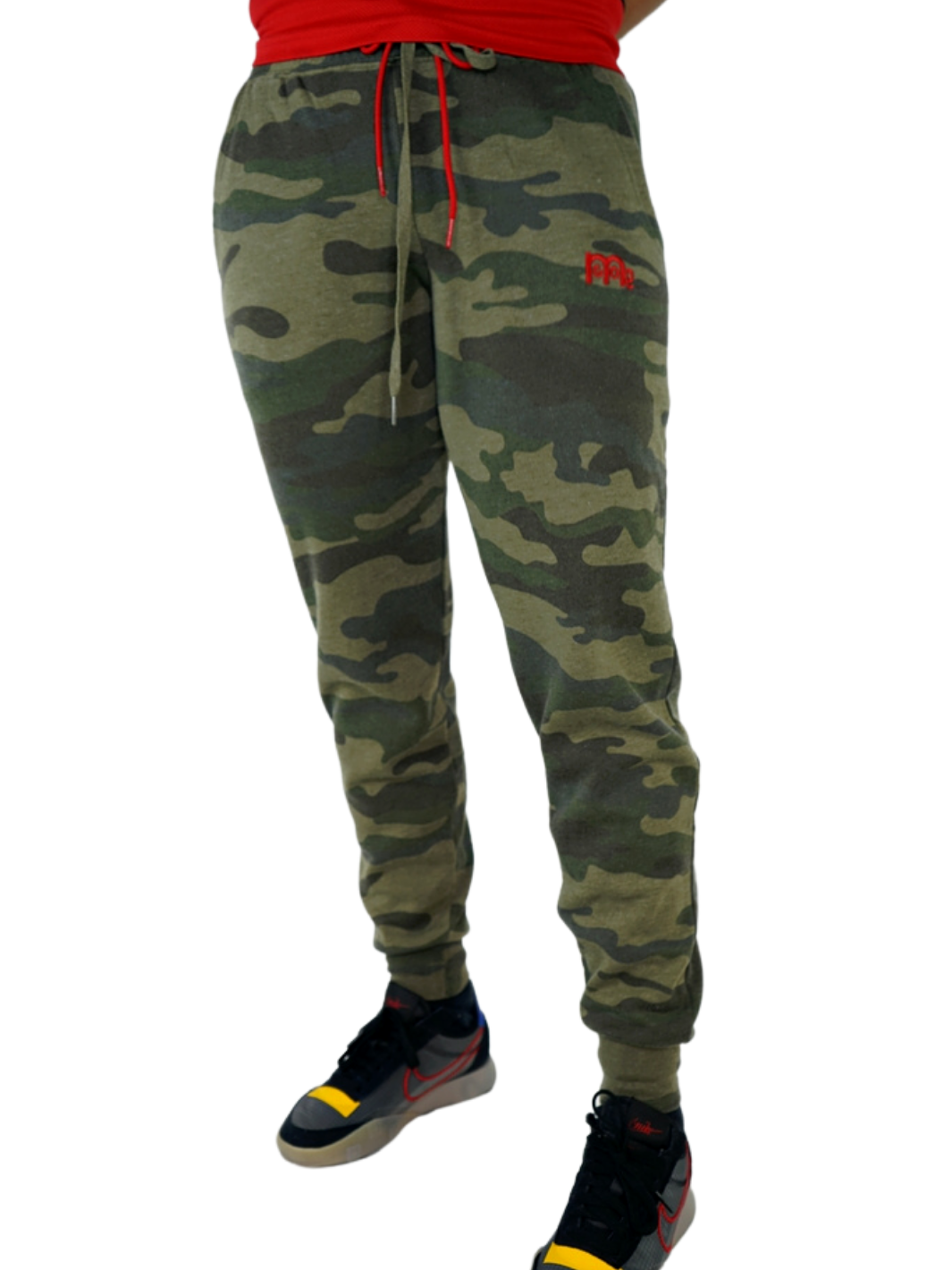 The perfect Green camouflage sweat pant material for your lounging needs. Featuring Red GODinme logo at left thigh, live in comfortable softness while representing your Faith!
