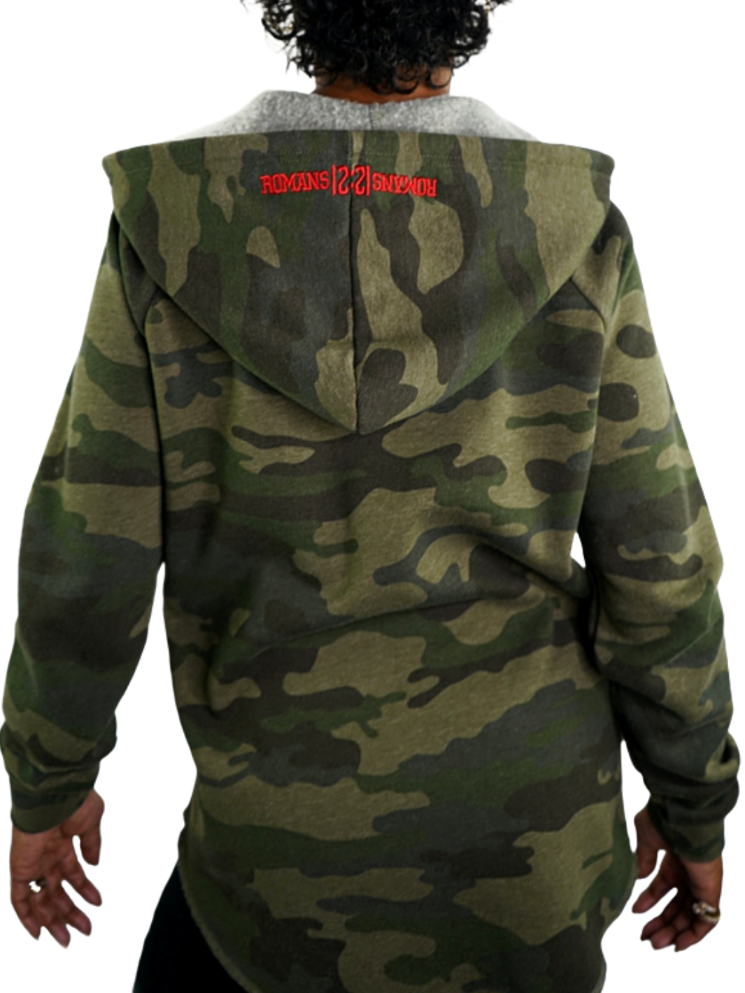 Women's Green Camouflage Tunic Top, can also be worn as a dress, offers a stylish design and superior comfort while representing GOD in you with Red logo at left chest and Roamns 12 : 21 on hood. Order Yours Today!