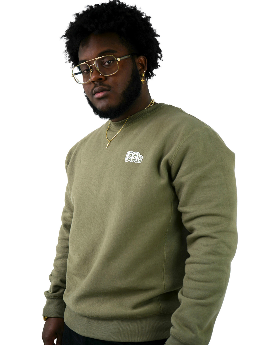 Luxury Olive Green Crewneck with premium cross grain design to ensure long-lasting comfort and wear. Featuring logo at left front and GODinme on the back.