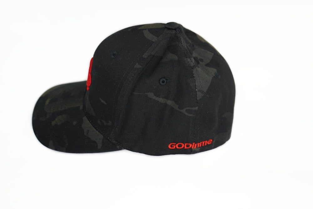 Black camouflage fitted baseball design with classic curved visor, puff Red logo on front, and flat Godinme on left side of hat.