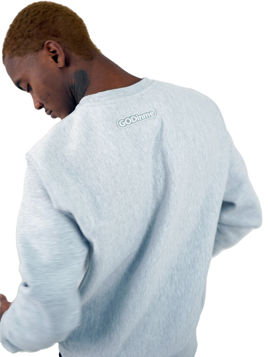  Luxury Grey Crewneck with premium cross grain design to ensure long-lasting comfort and wear. Featuring logo at left front and GODinme on the back.