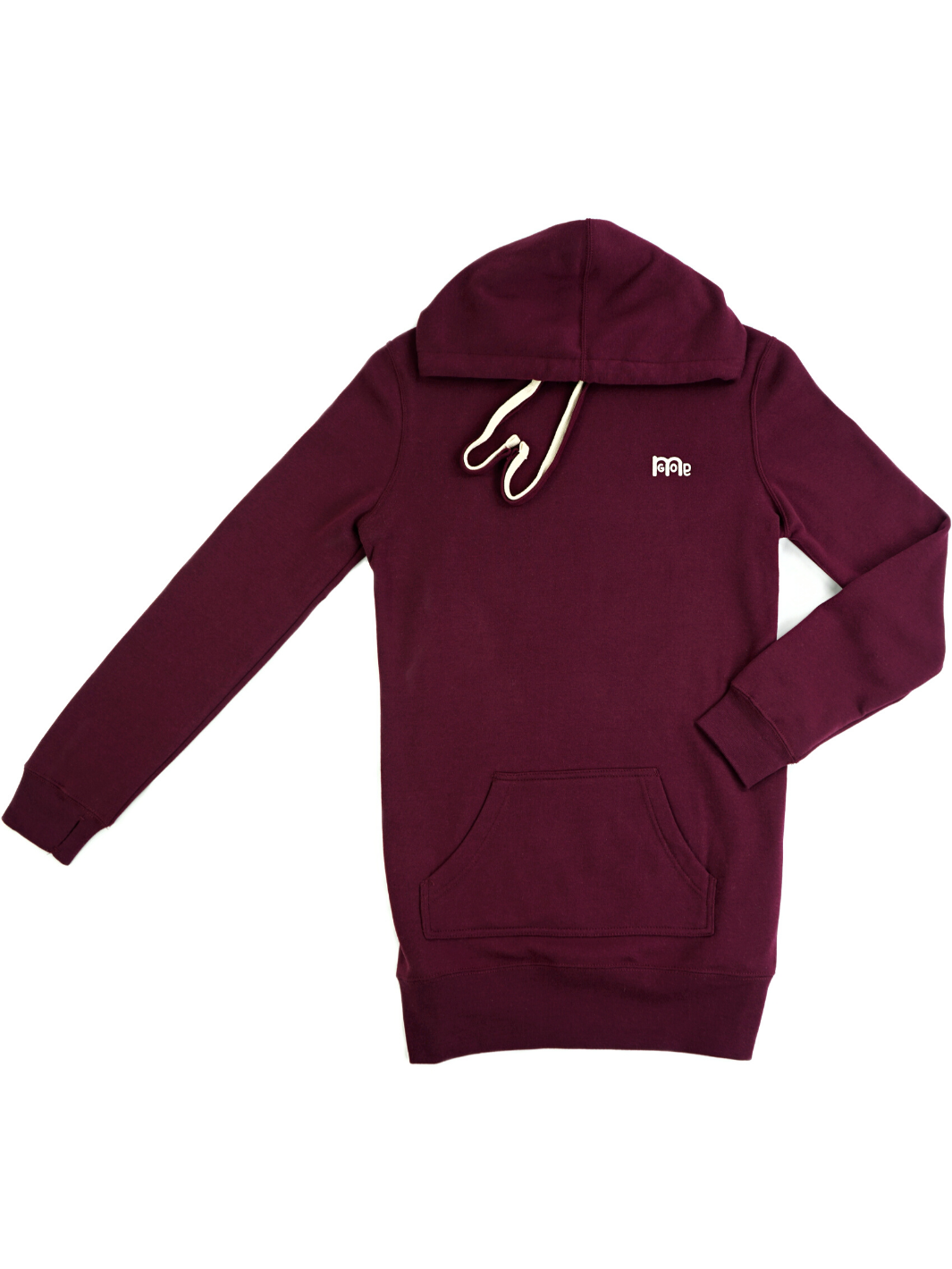 Burgundy GODinme Hoodie Dress made with superior quality of luxurious materials: Featuring our signature creme embroidered GODinme logo, two drawcords, and thumb hole cuff sleeves.