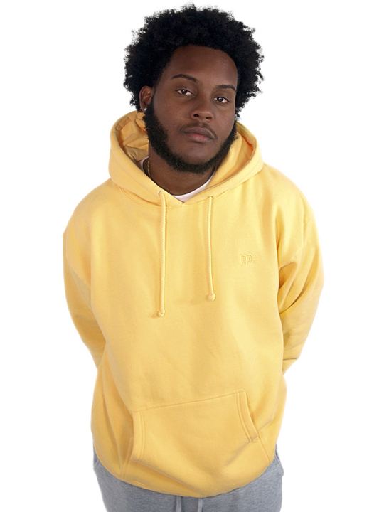 Banana Pullover Hoodie with tone on tone embroidered GODinme logo at left chest