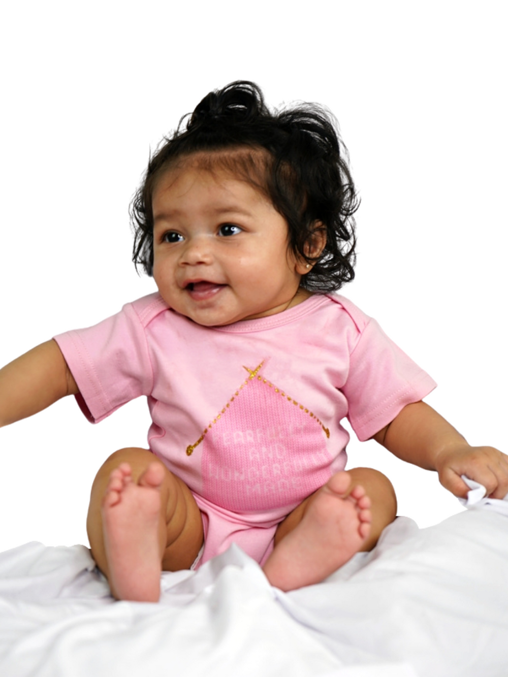 Pink Infant Onesie with "Fearfully and Wonderfully Made" printed on front and woven tag GODinme logo at left leg.