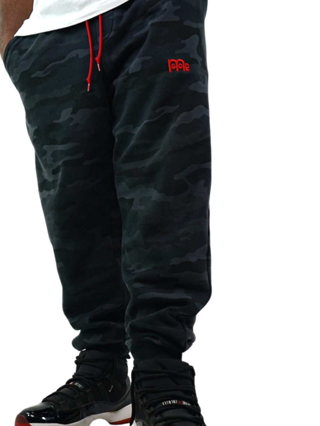 Experience ultimate comfort and style in the Men's GODinme Black Camouflage SweatPants from our Romans 12:21 Collection. Featuring the iconic Red GODinme logo, Red shoestring draw cord, and sewn fly details; its time to elevate your faith with these must-have joggers.