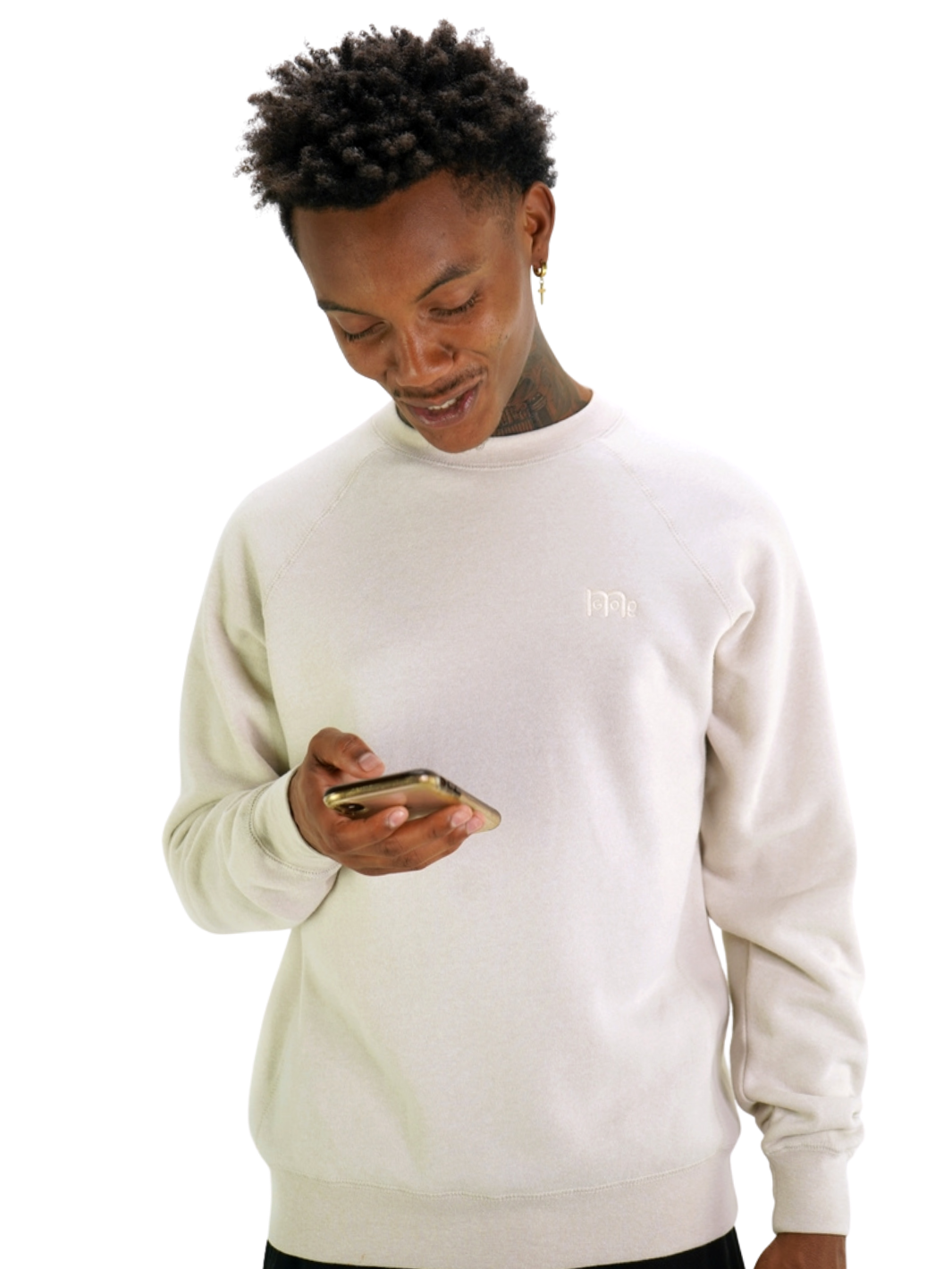 GODinme Crewneck Sweater; luxurious comfort, Beige with raglan sleeves and GODinme logo at left chest.