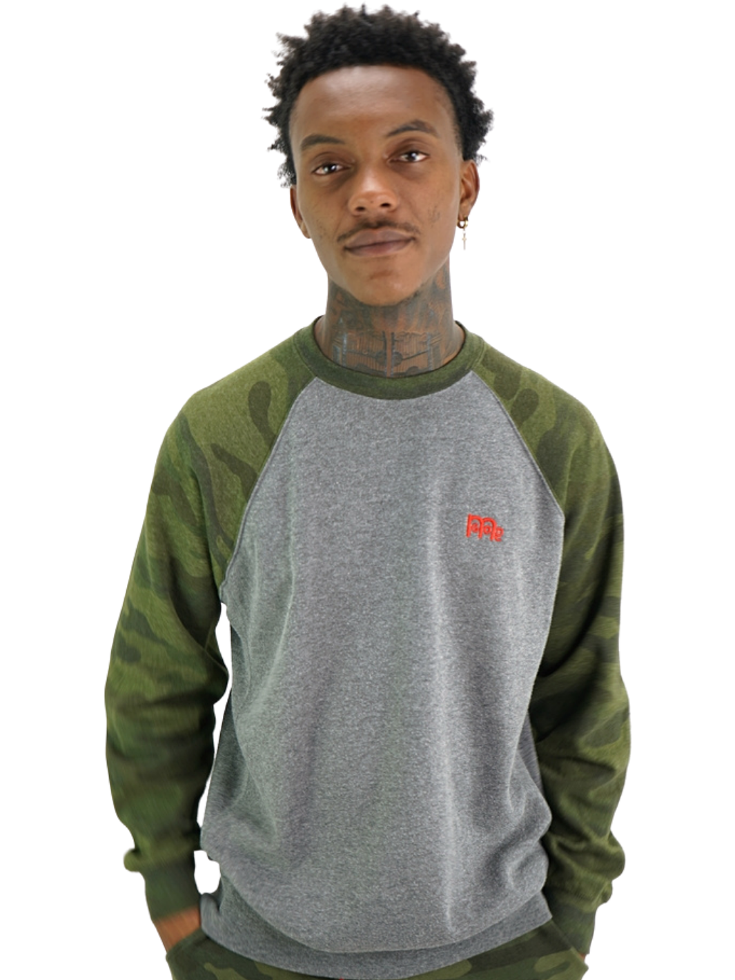 GODinme Crewneck Sweater; luxurious comfort, Grey with Green Camouflage raglan sleeves and embroidered Red GODinme logo at left chest.