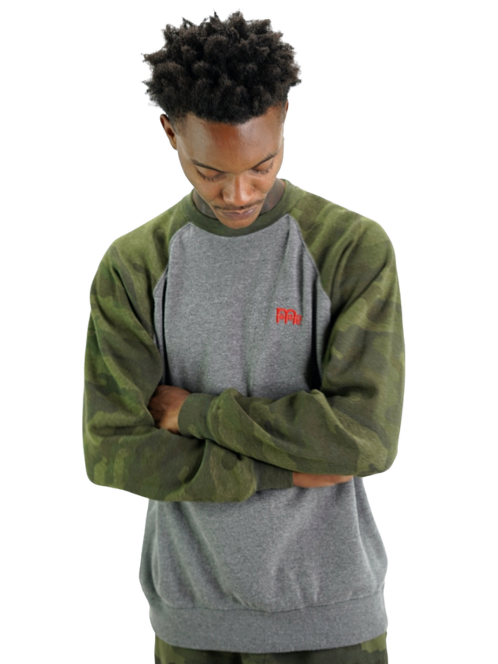 GODinme Crewneck Sweater; luxurious comfort, Grey with Green Camouflage raglan sleeves and embroidered Red GODinme logo at left chest.