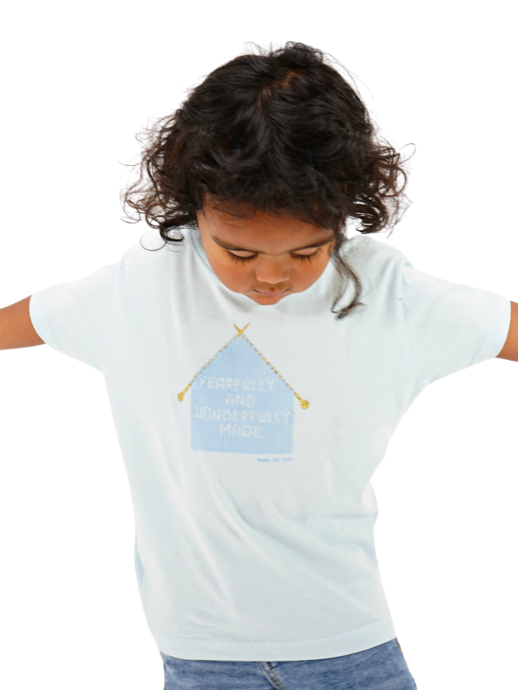 Blue Toddler T-Shirt with "Fearfully and Wonderfully Made" printed on front and woven GODinme logo tag sewn on bottom left 