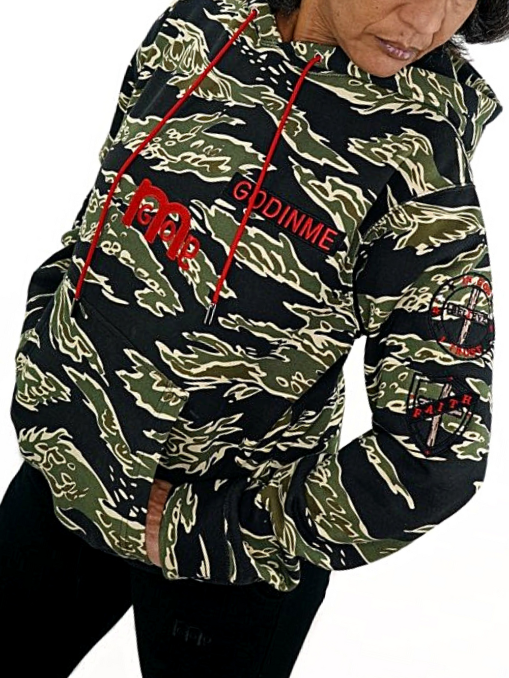 Righteousness hoodie, big bold red logo mid chest,  tiger camouflage fabric design, embroidered patches on sleeves  