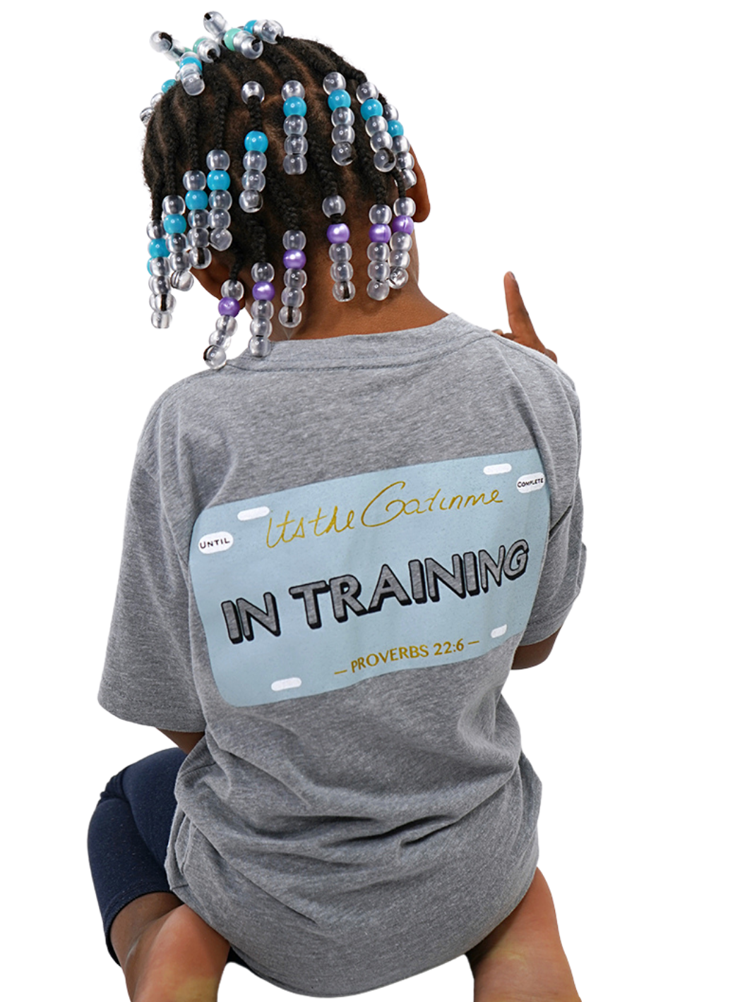 Grey T-shirt with "In Training" and Proverbs 22:6 printed within license plate design on back and woven GODinme tag attached to bottom front 