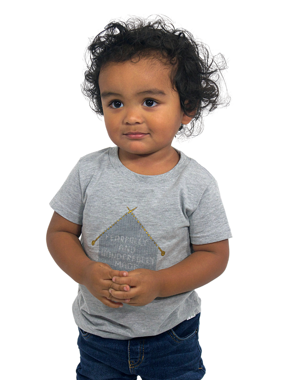 Grey Toddler T-Shirt with "Fearfully and Wonderfully Made" printed on front and woven GODinme logo tag sewn at bottom left