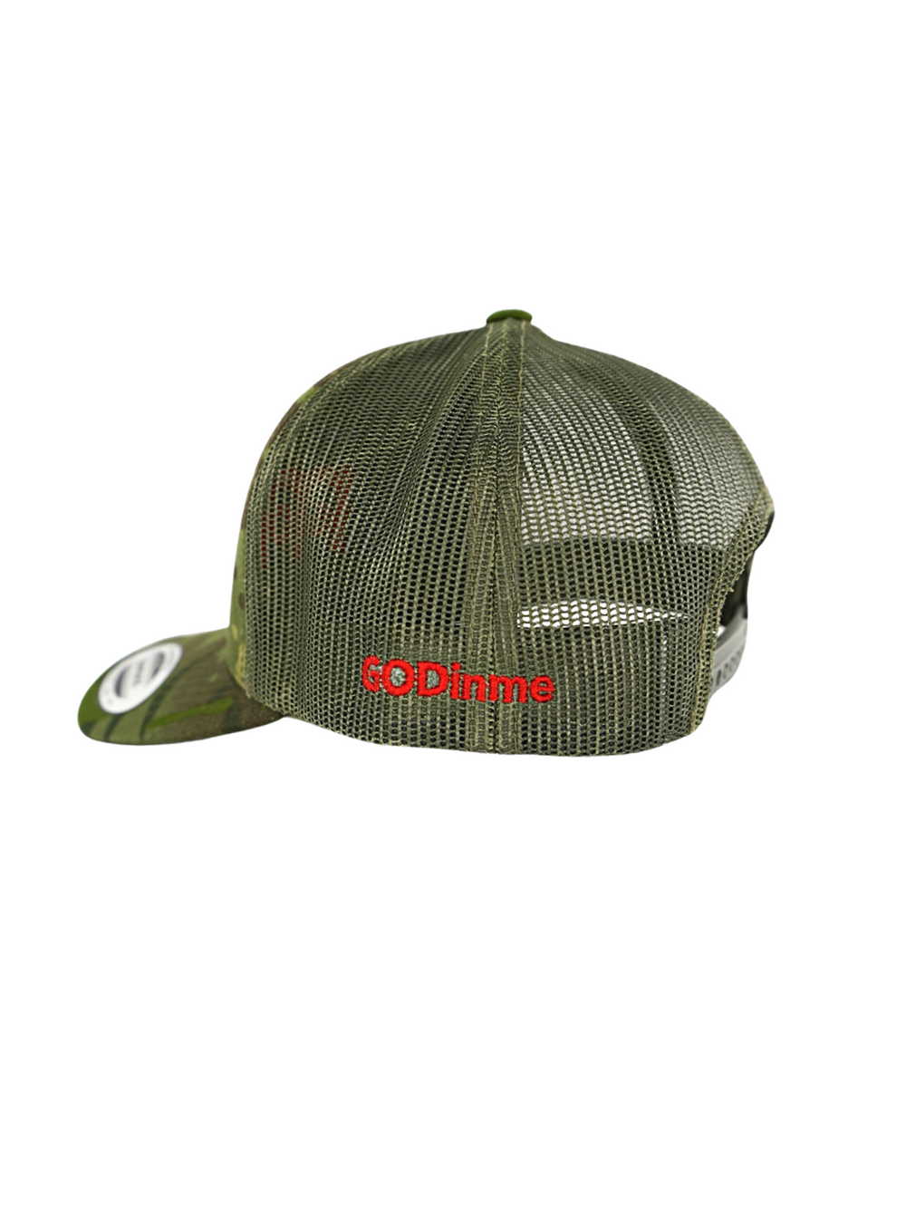 Green camouflage design, premium mesh backing, curved visor, Red puff logo on front, Red GODinme on left side, and matching snapback closure. 