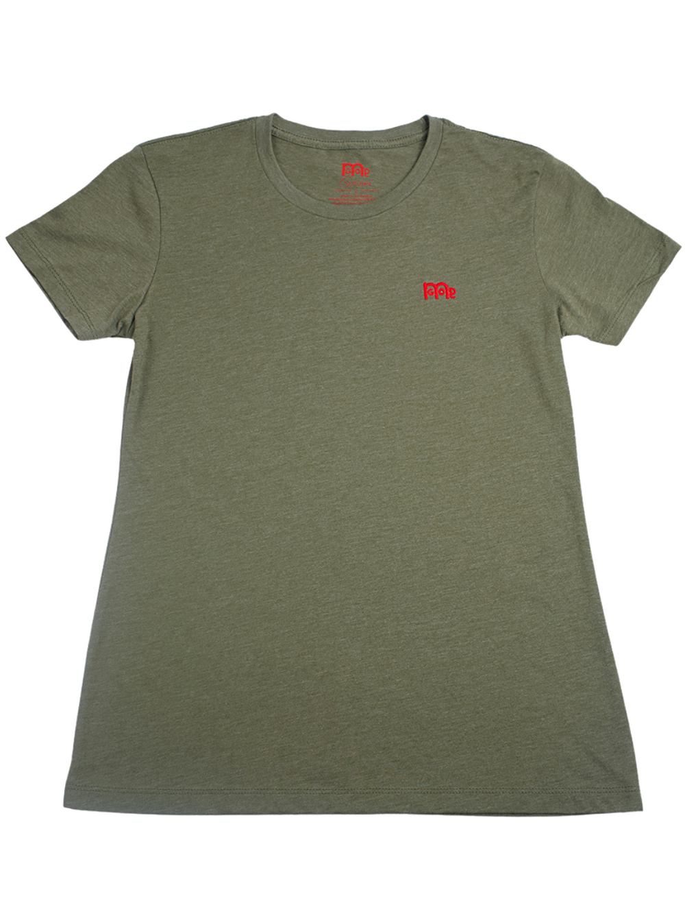 Women's Olive Green  GODinme T-Shirt: Super soft, lightweight with feminine curve design, and Red GODinme logo at left chest.