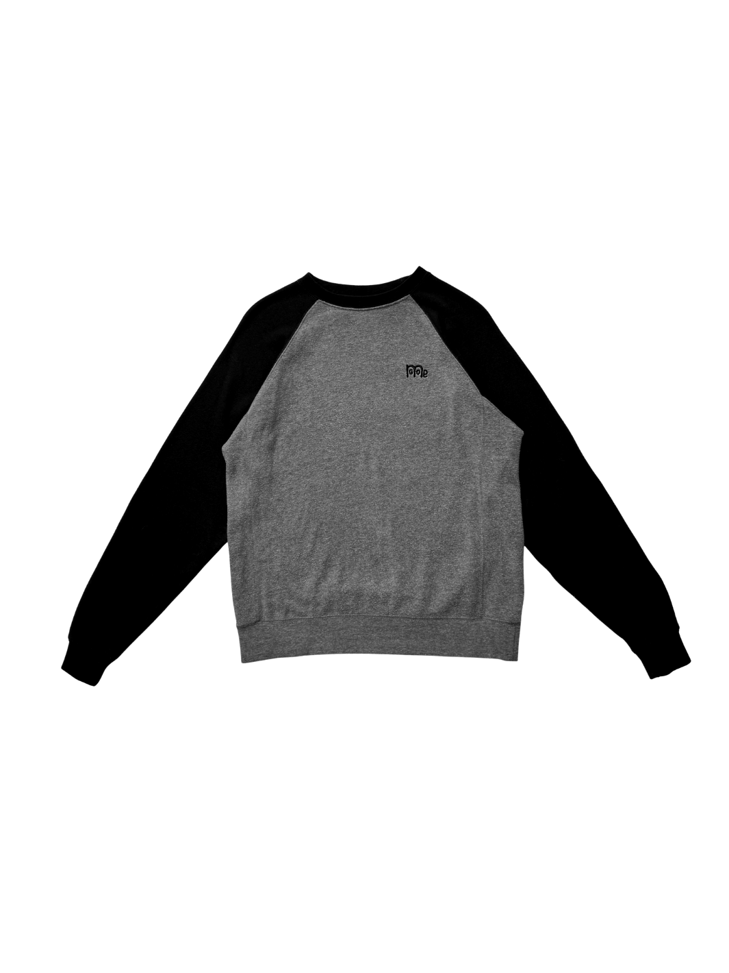 flat lay of GODinme Crewneck Sweater with Grey shell, Black sleeves, and Black GODinme logo on front left chest.