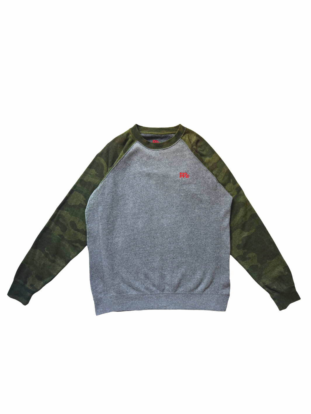 Flat lay of a GODinme Crewneck Sweater with heather Grey body and Green Camouflage raglan sleeves; featuring a Red embroidered GODinme logo on the left chest.