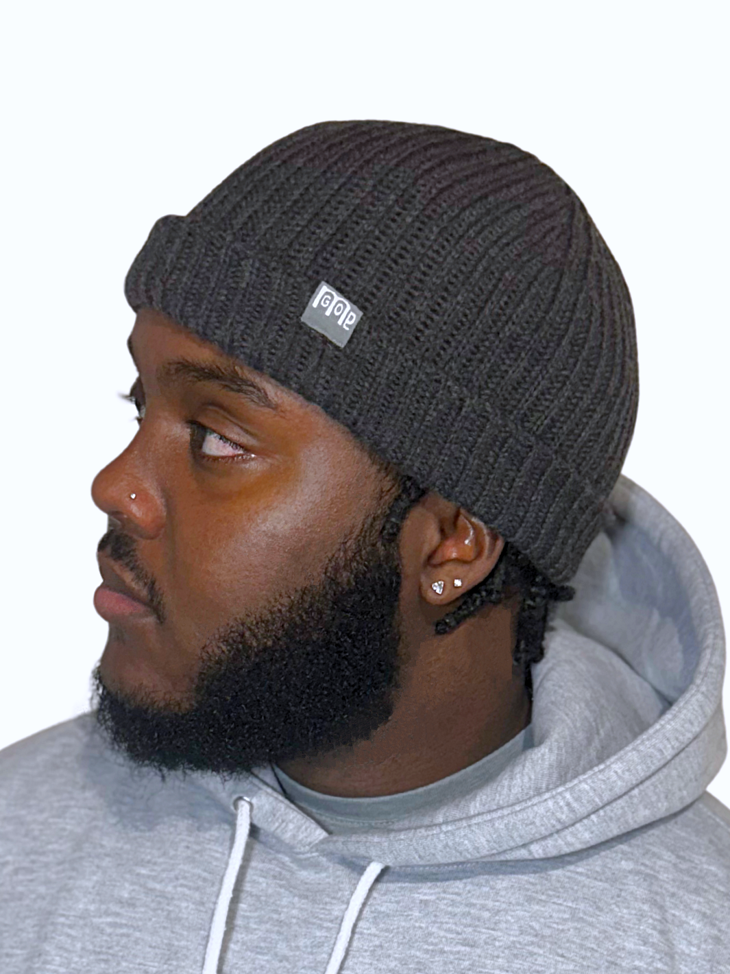 Side view of GODinme Fisherman's Faith beanie in Greay – warm knit hat”